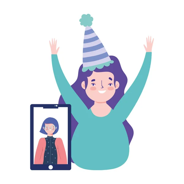 Online party, narozeniny nebo setkání s přáteli, šťastná žena s kloboukem a dívka v mobilní obrazovce oslavy — Stockový vektor