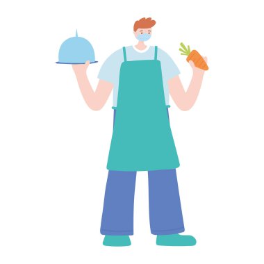 Tabak ve havuç tabağı olan erkek şef Coperid 19 sırasında gerekli, karakter işçisi izole tasarım ikonu