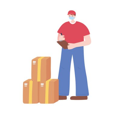 Teşekkürler gerekli işçiler, kutuları olan teslimatçı, yüz maskesi takan, Coronavirus covid 19 hastalığı