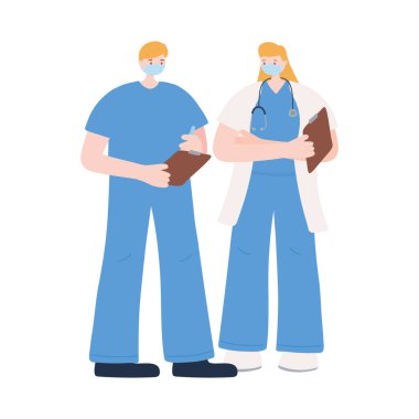 Teşekkür ederim, erkek ve kadın doktorlar, yüz maskesi takıyorlar, Coronavirus covid 19 hastalığı