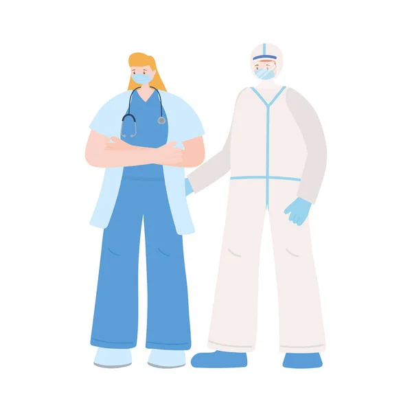 Grazie lavoratori essenziali, gruppo personale medico con uniforme, indossando maschere facciali, coronavirus covid 19 malattia — Vettoriale Stock