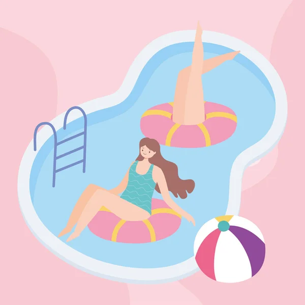Sommartid flickor i pool med flottar och boll semester turism — Stock vektor