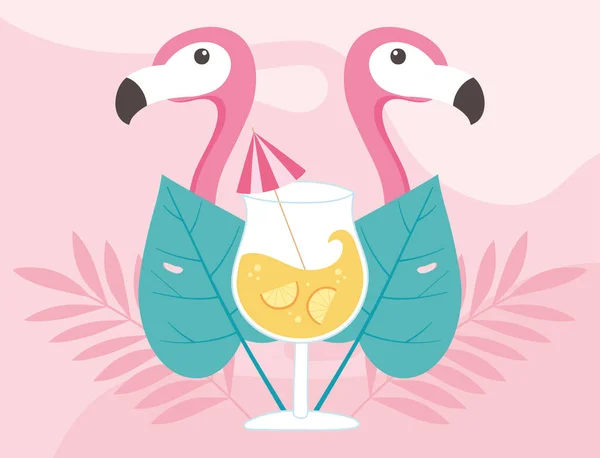 Letní čas dovolená turistika flamingo ptáků koktejl a listy tropické — Stockový vektor