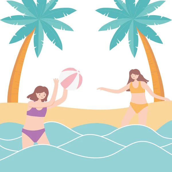 Yaz tatili turizmi kızları plaj topuyla denizde oynuyorlar. — Stok Vektör