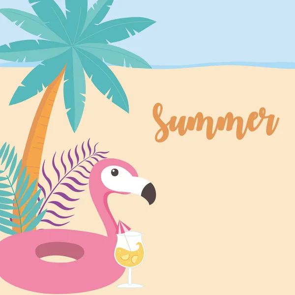 Sommerzeit Urlaub Tourismus Cocktail Flamingo Float Palm Blätter Sand — Stockvektor