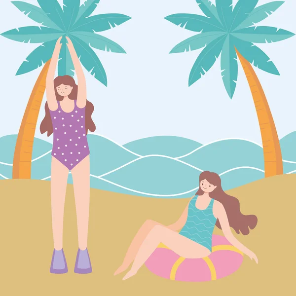 Yaz zamanı plaj turizmi kızları şamandıra ve palmiye ağaçları ile — Stok Vektör