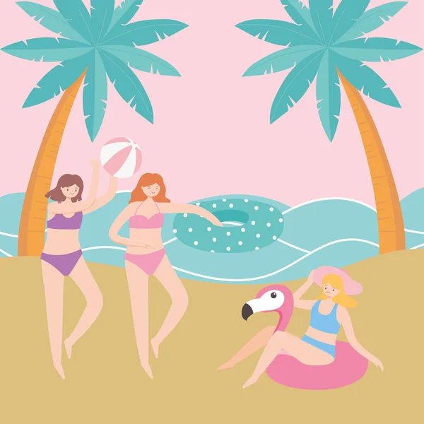 Yaz zamanı kızlar plajda yüzen top turizmiyle kutlama yapıyorlar. — Stok Vektör