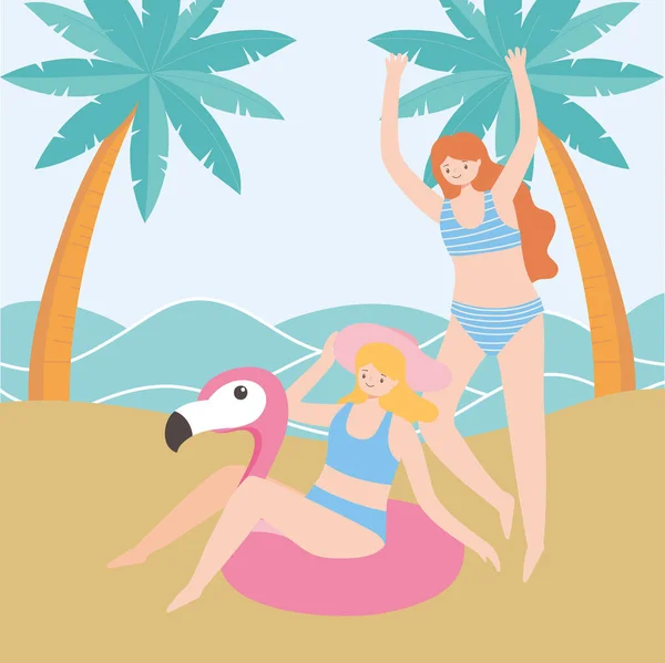 Yaz tatili turizmi. Flamingolu genç kadınlar plajda yüzüyor. — Stok Vektör