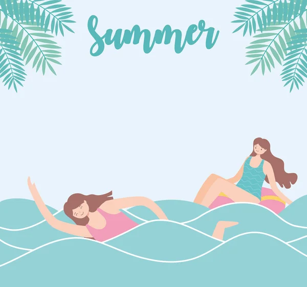 Léto čas pláž dovolená turistika dívka plavání v moři a žena v floatu — Stockový vektor
