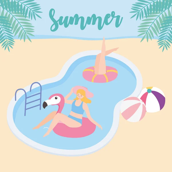 Summer time women in pool with balls and flamingo float vacation tourism — Stock Vector