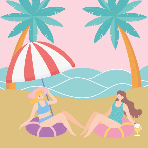 Horário de verão meninas de praia sentado em carros alegóricos turismo de férias — Vetor de Stock