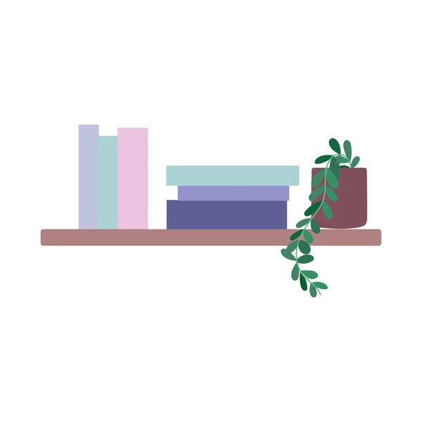 Regal mit Büchern und Topfpflanzendekoration isoliert Design-Ikone weißer Hintergrund — Stockvektor