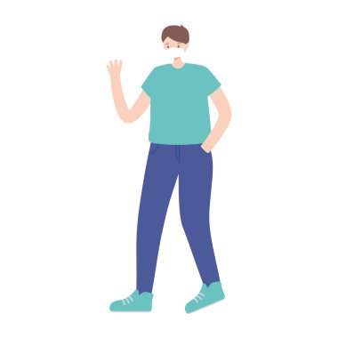 Tıbbi maske koruması olan genç adam Coronavirus covid 19, izole tasarım ikonu beyaz arkaplan