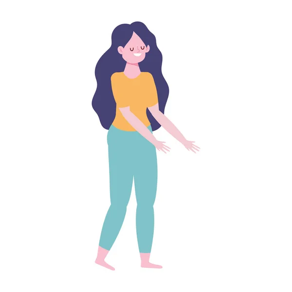 Personaje de mujer joven de pie icono de diseño aislado fondo blanco — Vector de stock