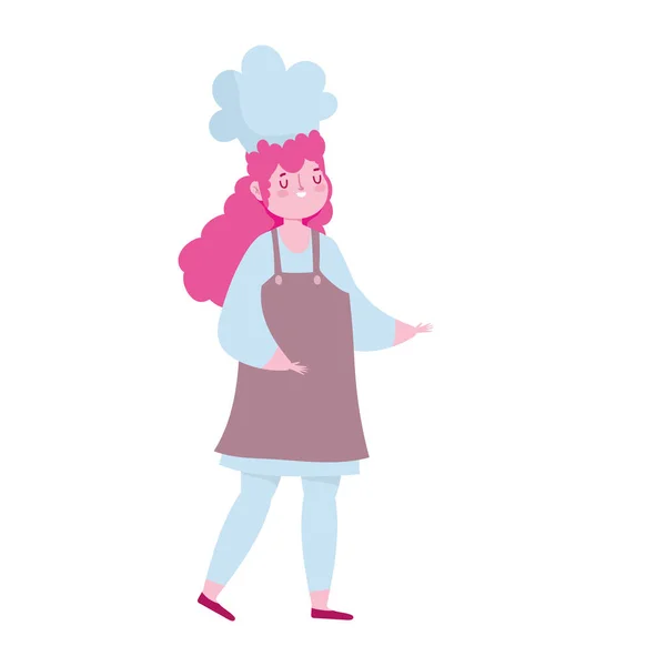 Chef feminino com chapéu avental desenho animado ícone de design isolado fundo branco — Vetor de Stock
