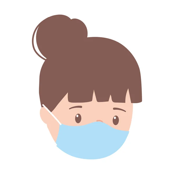Meisje gezicht met medisch masker, coronavirus covid 19 pandemie geïsoleerde pictogram ontwerp witte achtergrond — Stockvector