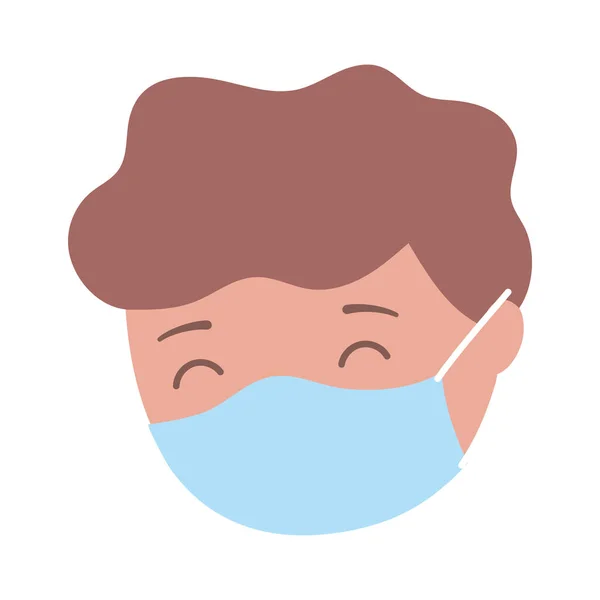 Garçon avec masque de protection, prévention covid 19 coronavirus isolé icône conception fond blanc — Image vectorielle