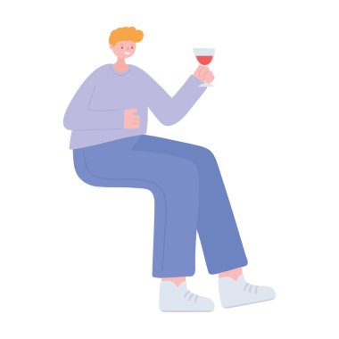 Genç adam cam şarap ile oturuyor izole tasarım simgesi beyaz arkaplan