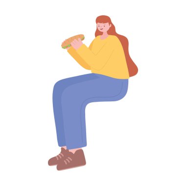 Kadın oturmuş sandviç tasarımı simgesi beyaz arka plan yiyor