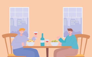 Restoran sosyal mesafesi, masa başında yemek yiyen erkekler, covid 19 salgını, koronavirüs enfeksiyonunun önlenmesi.