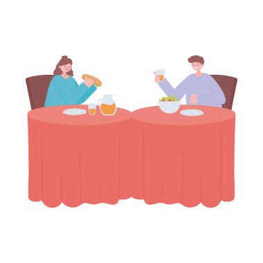 Restoran sosyal mesafesi, masalarda tek başına yemek yiyen insanlar, covid 19 salgını, koronavirüs enfeksiyonunun önlenmesi.