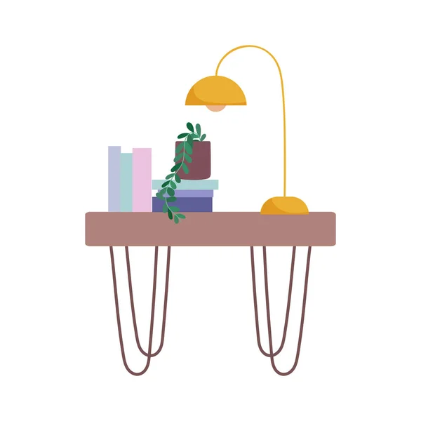 Libros lámpara y planta sobre mesa decoraiton diseño aislado icono fondo blanco — Vector de stock