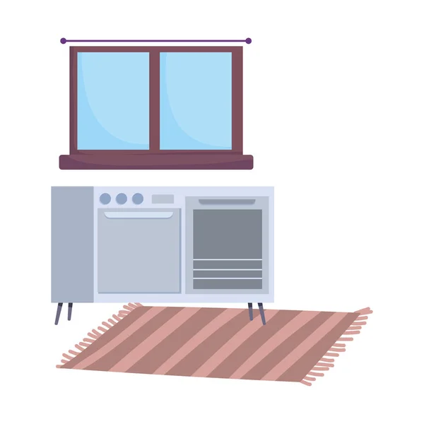 Cucina stufa finestra e tappeto isolato design icona sfondo bianco — Vettoriale Stock