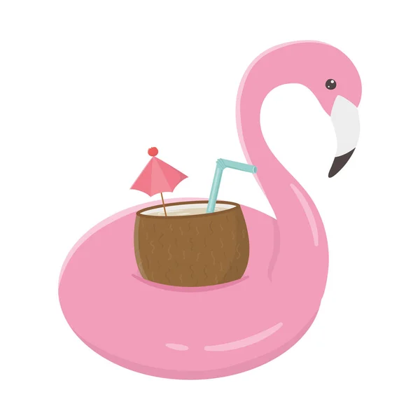 Viagem de verão e flamingo de férias flutuar com coquetel de coco ícone de design isolado —  Vetores de Stock