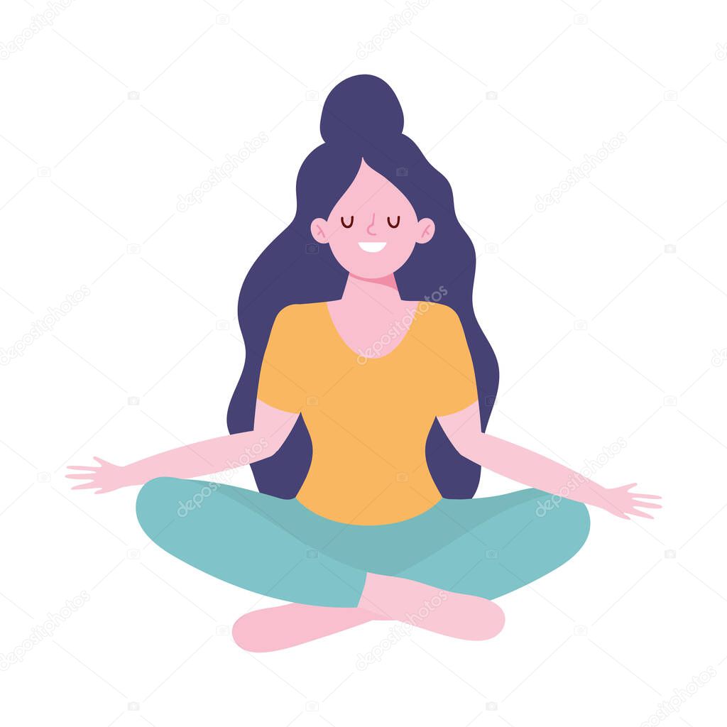 young woman practicing meditation yoga isolated design icon white background