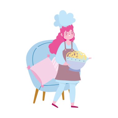 Evde kal, erişte karikatürlü kadın şef, karantina aktiviteleri pişir.