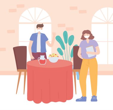 Restoran sosyal mesafesi, yemek yeme sosyal mesafeyi koru, covid 19 salgını, koronavirüs enfeksiyonunun önlenmesi