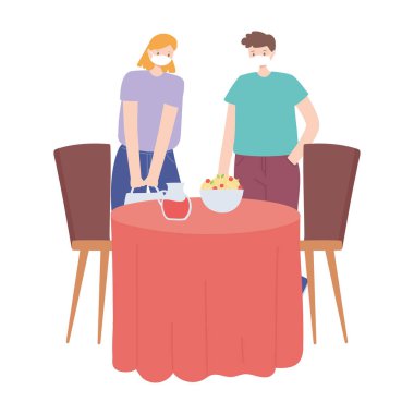 Restoran sosyal mesafesi, insanlar güvenli mesafeyi koruyor, covid 19 salgını, koronavirüs enfeksiyonunun önlenmesi