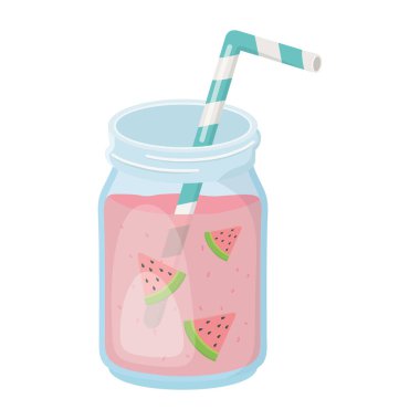 Dilimlenmiş meyve ve samandan izole edilmiş tasarım ikonu ile soğuk içecek.