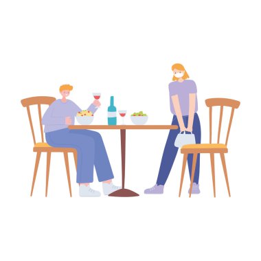Restoran sosyal mesafesi, yiyecek ve içeceği olan insanlar güvenli mesafeyi koruyun, covid 19 salgını, koronavirüs enfeksiyonunun önlenmesi