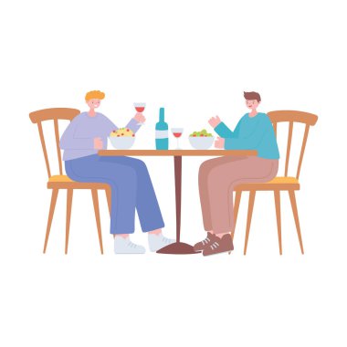 Restoran sosyal mesafesi, masa başında yemek yiyen erkekler, covid 19 salgını, koronavirüs enfeksiyonunun önlenmesi.