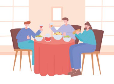 Restoran sosyal mesafesi, yemek yiyen ve içen insanlar güvenli mesafede kalın, covid 19 salgını, koronavirüs enfeksiyonunun önlenmesi