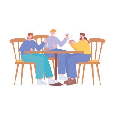 Restoran sosyal mesafesi, rehberlik görevlileri yemek masasında mesafeyi koruyor, covid 19 salgını, koronavirüs enfeksiyonunu önlüyor.