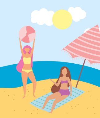 Yaz insanları aktiviteleri, balolu bir kız ve havluda dinlenen bir kadın, deniz kıyısında dinlenen ve dışarıda boş vakit geçiren bir kız.