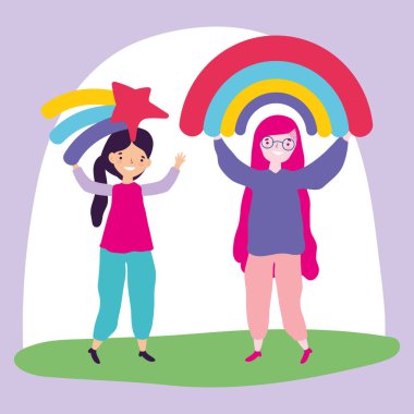 Gurur geçidi lgbt topluluğu, gökkuşağı kutlaması yapan genç kadınlar.