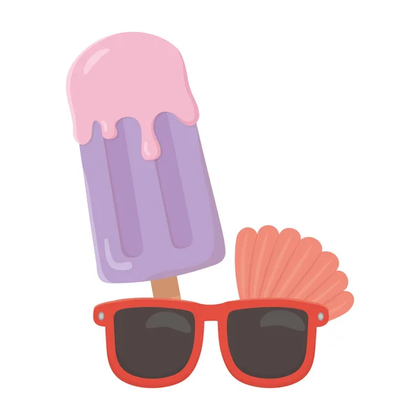 Summer travel and vacation sunglasses ice cream in stick and shell — Stock Vector