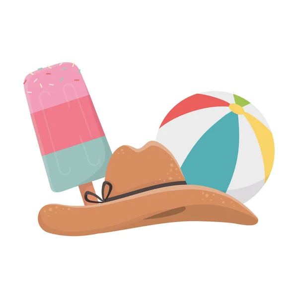 Summer travel and vacation beach ball ice cream and hat isolated design icon — Stock Vector