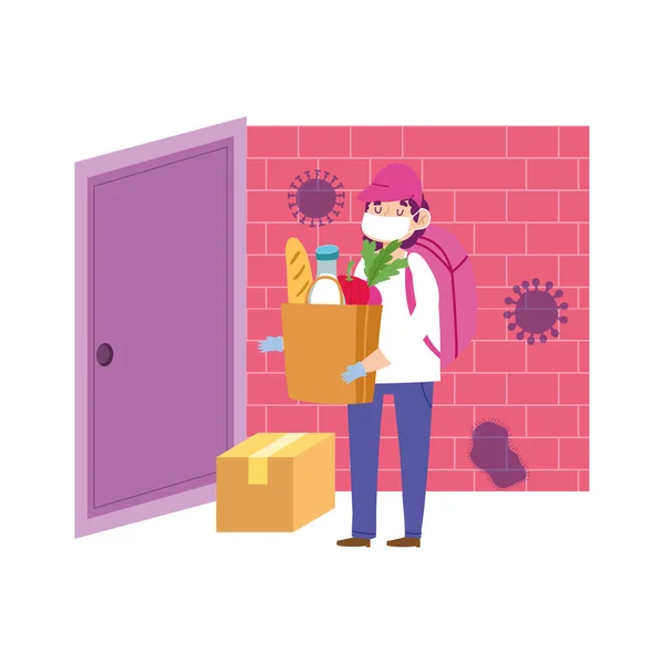 Ασφαλή παράδοση στο σπίτι κατά τη διάρκεια coronavirus covid 19, κούριερ άνθρωπος μεταφέρουν κουτί από χαρτόνι στην πόρτα του σπιτιού — Διανυσματικό Αρχείο