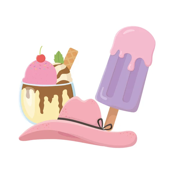 여름 여행 과 휴가 아이스크림은 유리와 모자 액세서리를 이용해 먹는다 — 스톡 벡터