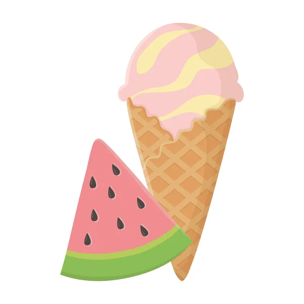 Sommar resor och semester glass kon och skiva vattenmelon frukt — Stock vektor