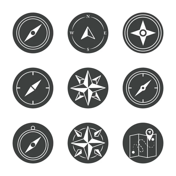 Brújula rosa navegación cartografía viajes explorar equipo iconos conjunto silueta diseño icono — Vector de stock