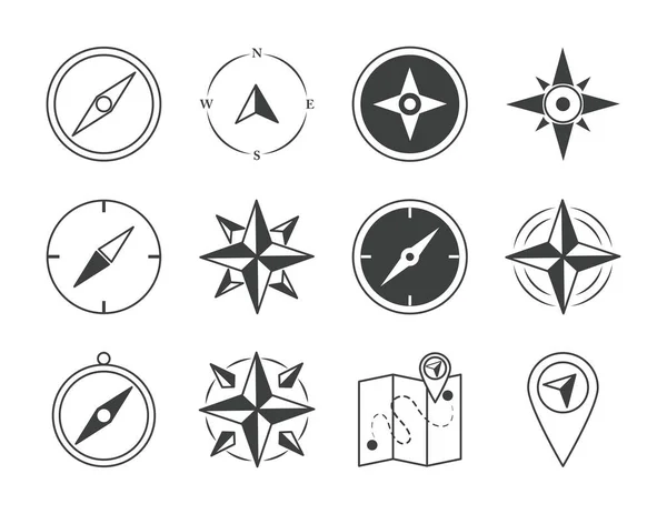 Compass rose navigation cartography travel explore equipment icons set line design icon — Stock Vector