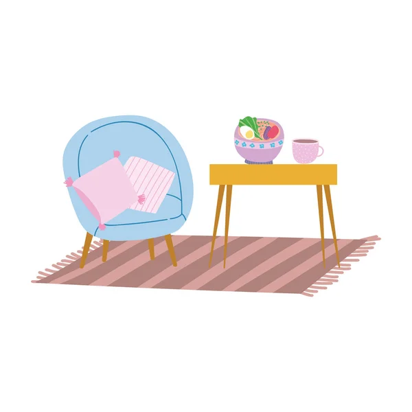 フード&コーヒーカップ付きのホームチェアカーペットテーブル — ストックベクタ