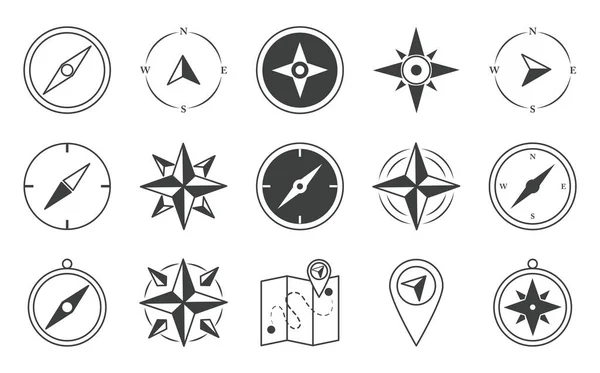 Compass rose navigation cartography travel explore equipment icons set line design icon — Stock Vector