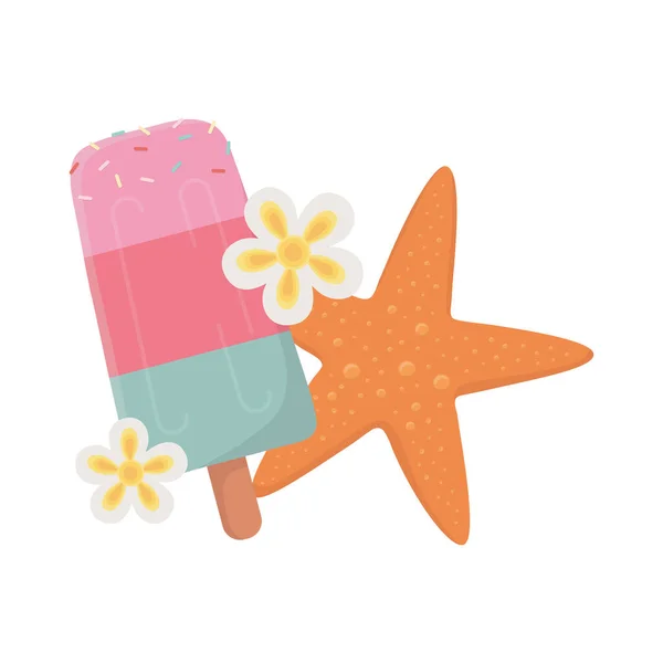 Summer travel and vacation beach ice cream in stick starfish and flowers isolated design icon — Stock Vector