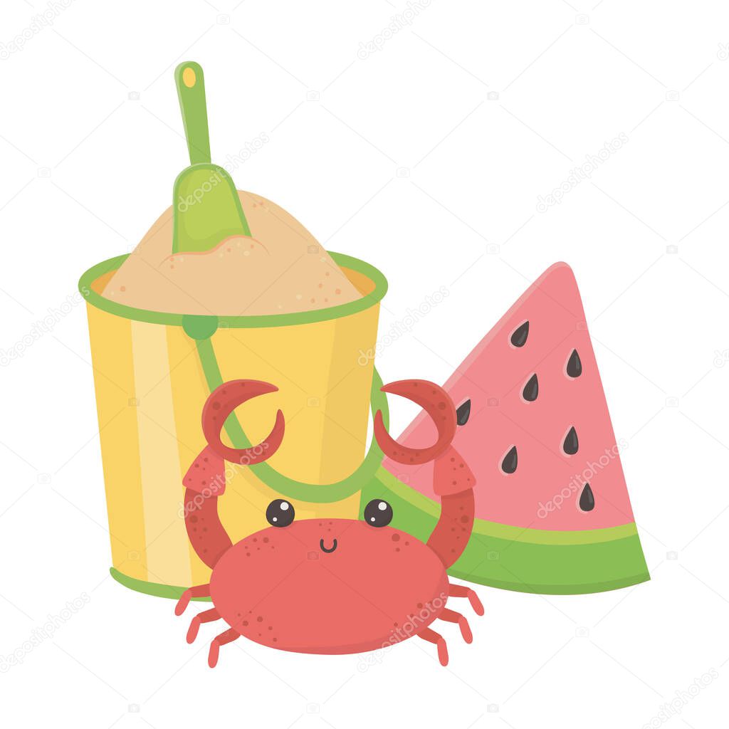 summer travel and vacation beach crab watermelon and bucket with sand isolated design icon